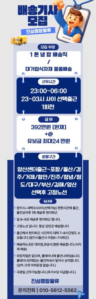 양산1톤지입차/대기업 식자재 배송차량(근무시간 내용참조,코스선택(포항.울산.경주,거제.함안.진주.창녕.청도.대구.부산.김해.양산)주6일근무/392만원 (완제)/코스선택후고정노선